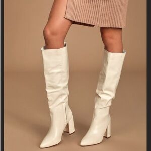 Lulus knee high pointed toe boots in off white